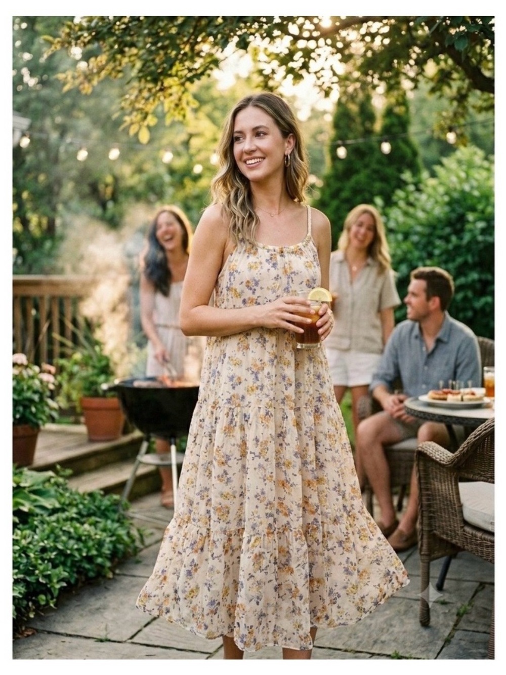 Light Floral Tiered Midi Dress in Cream, Blue and Yellow
